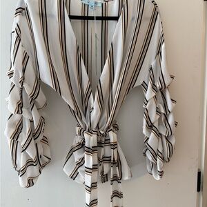 She + Sky Black and White Striped Ruffle Sleeve Blouse